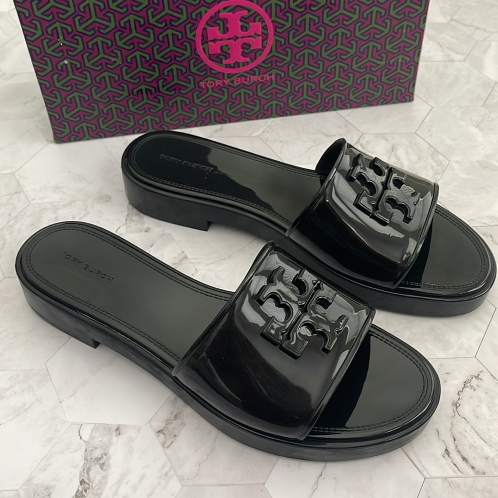 Authentic Tory Burch Black Jelly Slides Slippers Flip Flops Eleanor 10